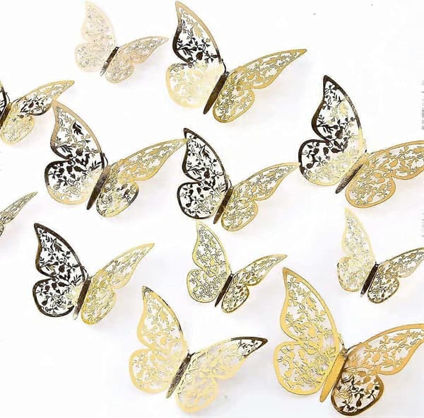 24 kpl 3D-perhostarraa, 3 kokoa, perhostarrat huoneeseen gold
