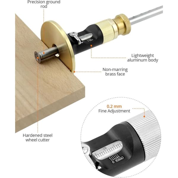 Målemåler med mikrojustering. Dybdemåler i 304 rustfrit stål. Metrisk aflæsning: 12 cm med 0,2 mm intervaller.