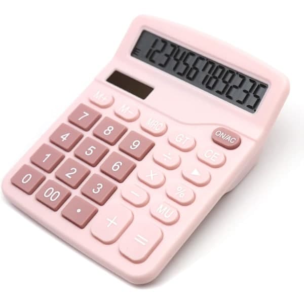 Rosa kalkulator, bordkalkulator 12 siffer med stor LCD-skjerm