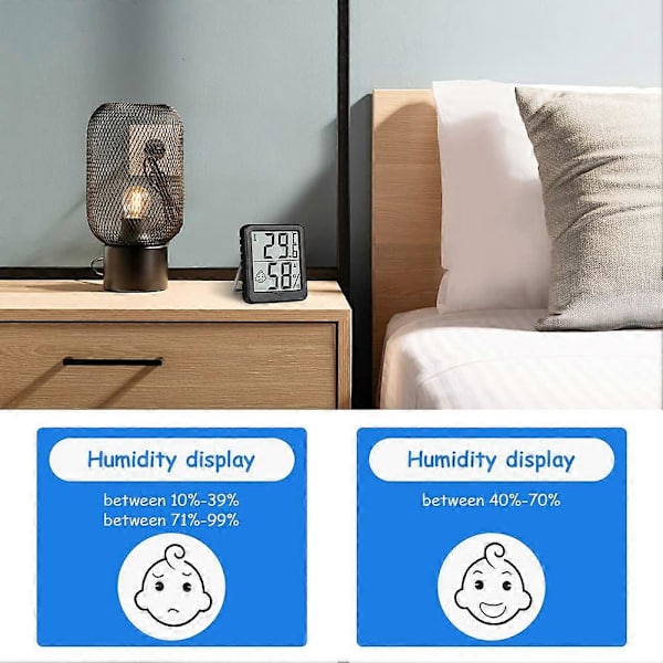 Termometer Hygrometer, 2 STK Digitalt Mini Termometer og Hygrometer med Metalstativ, Termohygrometer med Smiley-ansigt, der indikerer data (Sort)