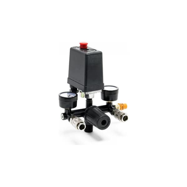 Trykkregulator 165 x 130 x 200 mm med trykkbryter for kompressor med 2 displayer, 2 koblinger og sikkerhetsventil, trykkreduserer