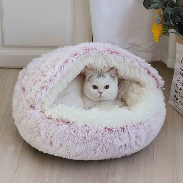 Beroligende hundesenger og kattehule seng med hette, avtakbare vaskbare runde senger for små og mellomstore kjæledyr, sklisikker, myk og fluffy seng i imitert pels, Fas Pink 60CM