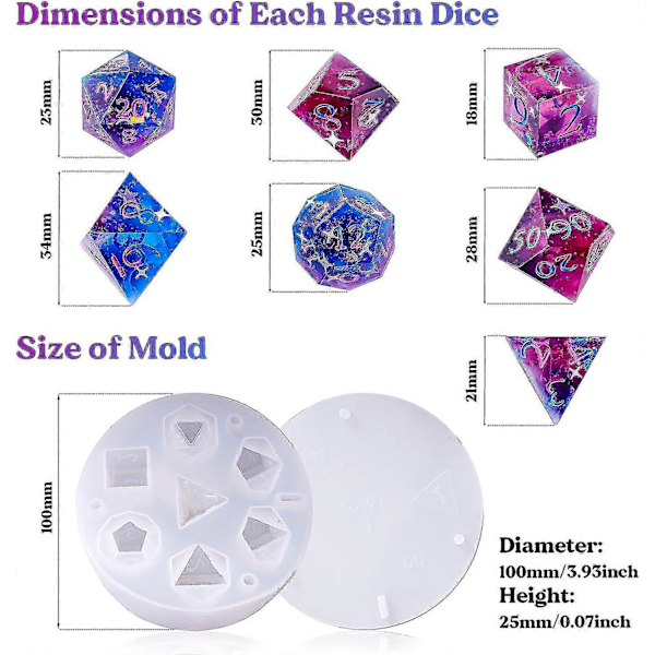 Terningeforme til Resin, Integreret Dnd Terninge Resin Silikoneform med 7 Standard Polyhedriske Skarpe Kant Terninge Hulrum til DIY Terningefremstilling