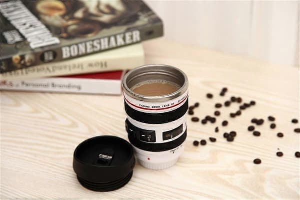 Kameralins kaffemugg med infällbart lock, kaffekopp i rostfritt stål, 400 ml för fotografer och julklapp