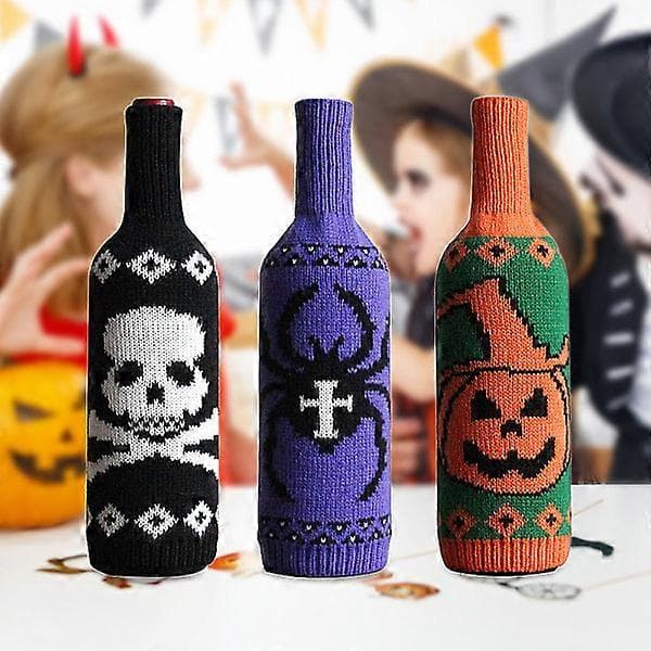 3-osainen Halloween-viinipullosetti Luuranko Kurpitsa Neulonta Cham