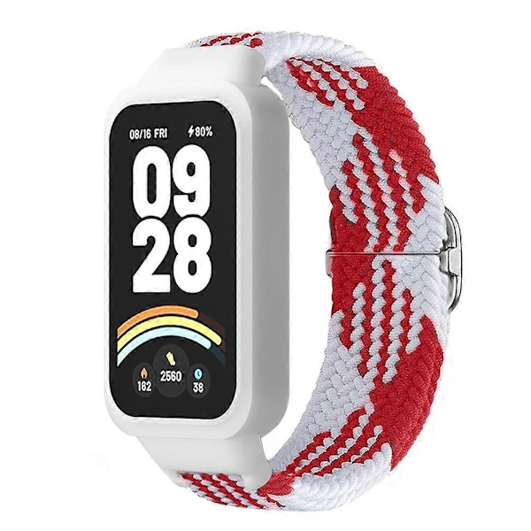 Til Xiaomi Smart Band 9 Active Redmi Band 3 Vævet Nylon Rem Snap-On Etui Urrem - Rød Hvid Multicolor Red White