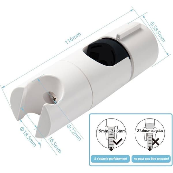 Justerbar Brusehovedholder - 1 Styk - Hvid ABS - Kompatibel med 19-25mm Stænger - Til Badeværelse