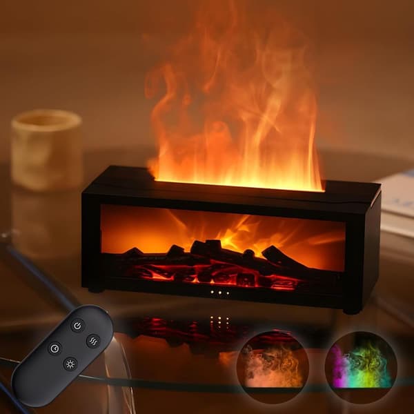 Elektrisk eterisk oljediffuser, 7 fargerike peisflammer, soveromsluftfukter, hjemmeduftdiffuser med 3 tidtakere og fjernkontroll