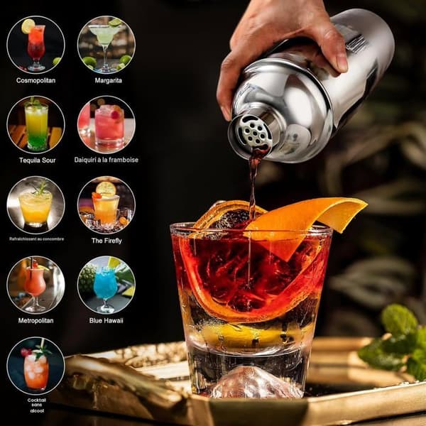 Bartender Cocktail Sæt - 12 Dele - Rustfrit Stål - 750 ml Shaker med Bambusstativ - Til Hjemmet