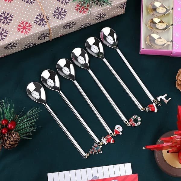 Jul-tesked, 6 jul-teskedar Silver julstål dessertsked, julgran med julhänge, älgmössa klocka, presentförpackning