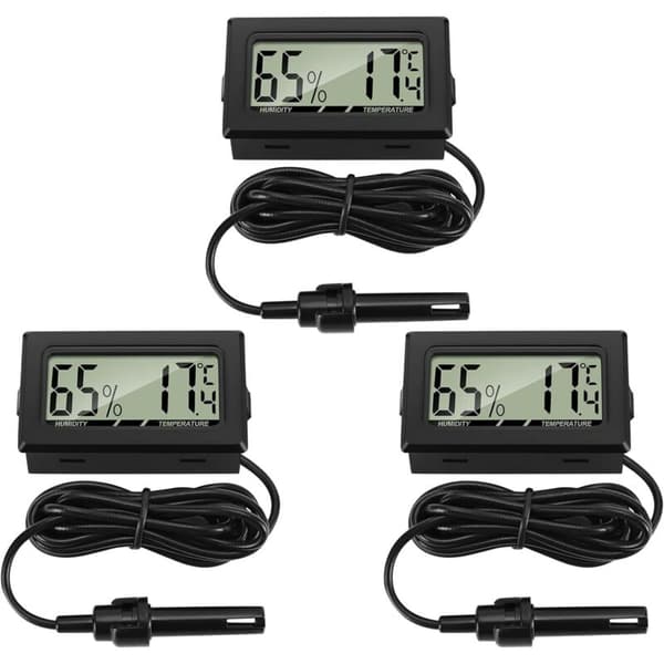 Digital termometer med hygrometer och extern sond. Temperaturområde: -50℃~70℃. Noggrannhet: ±1℃. Kabellängd: 1,5m.
