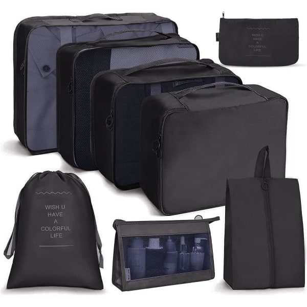 8-pack Organizer Set för Resväskor, Förvaringsväskor, Packningskuber, Reseväskor, Presenter Black