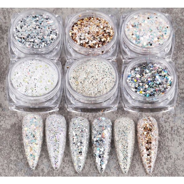 6 stk negl glitter, negl dekorasjoner flerfarget