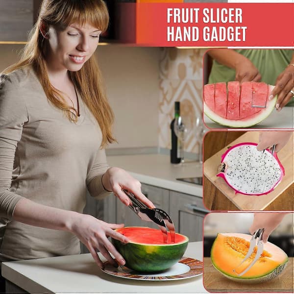 2 stk. vannmelon skjære fruktkutter, rustfritt stål fruktkutter med krok, multifunksjonell husholdningsdings