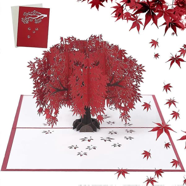 3D-kort, popup-kort med blomstrende rød lønn, 3D-julekort med konvoluttgave