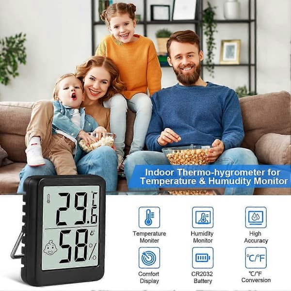 Termometer Hygrometer, 2 st Digital Mini Termometer och Hygrometer med Metallstativ, Termohygrometer med Smiley som Indikerar Data (Svart)
