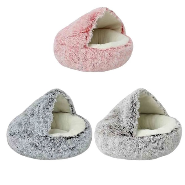Beroligende hundesenger og kattehule seng med hette, avtakbare vaskbare runde senger for små og mellomstore kjæledyr, sklisikker, myk og fluffy seng i imitert pels, Fas Coffee 60CM