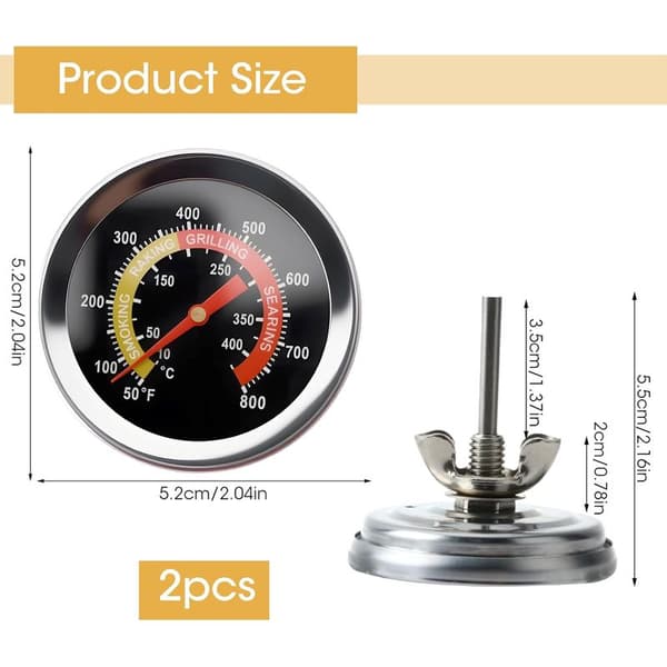 Set med 2 BBQ-temperaturmätare, 52 mm urtavla, koltermometer, ugnstermometer, lämplig för fläsk, lamm, nötkött, pizza