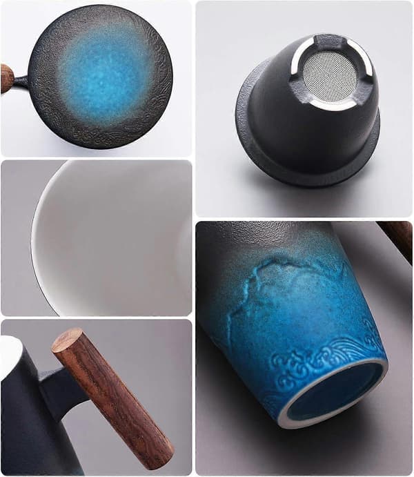 Tekop med låg, porcelænskrus med rustfri stål si, gradient stort keramisk tekop (gradient blå)