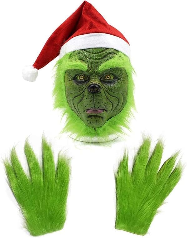 Julmask och handskar, kostymrekvisita, latex helmask