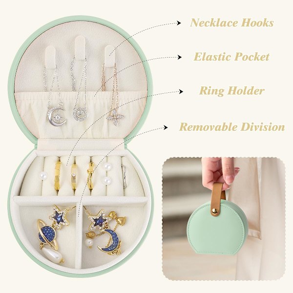 Mini Smyckeskrin Organiser, Resesmyckeskrin för Kvinnor Liten PU-Läder Smyckesförvaringsväska med Blixtlås Bärbar Smyckesgåvoask Bright Green