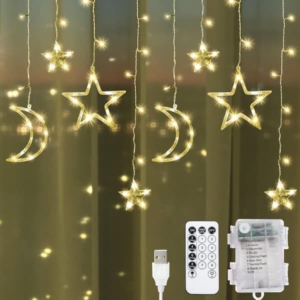 Gardiner med batteridrevne stjerner og måner - Julevinduslys | Fairy Lights med 8 lysmoduser og minnefunksjon