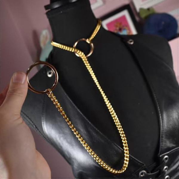 Hjerte O-ring Slip Chain Halskjede for Kvinner Rustfritt Stål Kubansk Kjede Hjerte Halskjede Punk Rock Krage Halskjede Håndlaget Justerbar Lariat Y Halskjede- Gold Ring