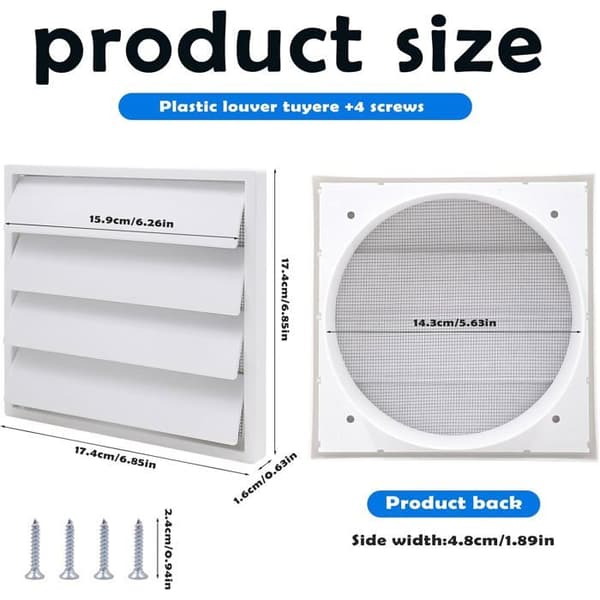 Ventilationsrist - 1 enhed - Hvid ABS - Tilbageløbsventil - Badeværelse Køkken - 175x175mm