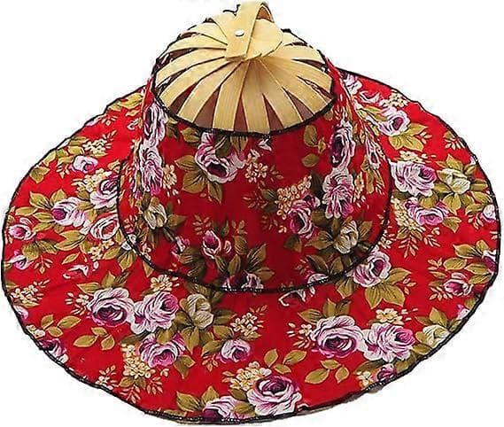 Bambufläkt Hopfällbar Solhatt Kvinnor Hopfällbar Fläkthatt Lätt Multifunktionell Blommig Solskyddskeps Bred Brätte Red Flower