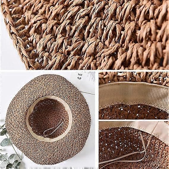 Solhat til kvinder, foldbar stråhat med bred skygge, solhat med sløjfe, justerbar strandhat, elegant bucket hat Coffee