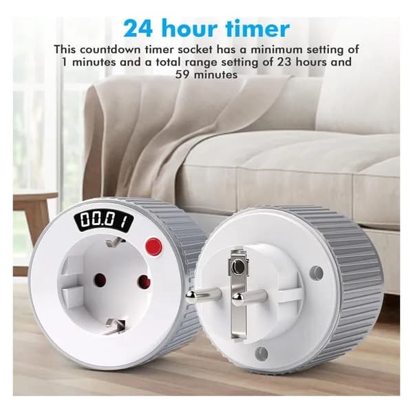 Timerplugg, AC230V 16A 3680W, LED-skjerm, 24-timers timer med 1-minutts intervall