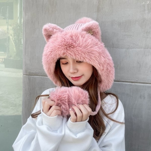 Damernas Två Boll Kattöron Öronlapp Beanie Varm Stickad Hattar Fluffig Plysch Tjock Päls Vinterhatt Gray