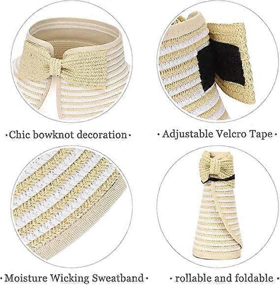 Store Strand Solhatte til Kvinder Foldbar Bredskyggede Hat til Damer Visir Kasket Spand med Sløjfe Beige Stripe