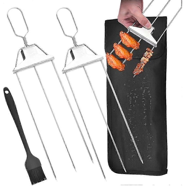 3-haarainen grillivarras, 3-piikkinen ruostumattomasta teräksestä valmistettu varras grillaamiseen, metallinen grillivarras puoliautomaattisella grillipistohaarukalla ja työntötangolla 2 Sets