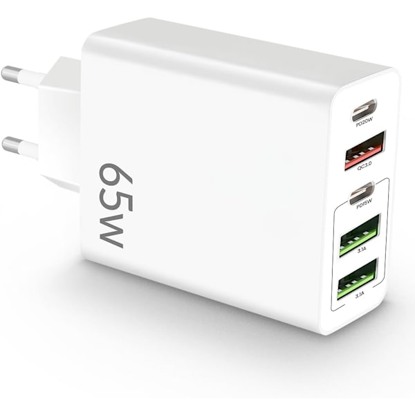 65W USB C Laddare, 5 Port USB C, 5 i 1 Dubbel PD+QC Laddningsblock, Snabb Multi-Laddning för iPhone 15/14/13/12/11