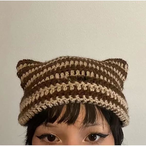 Damernas Kattmössa i Stickad Crochet med Öron Stickad Vintervarm Elastisk Mössa Slouchy för Flickor Vuxna Barn Brown