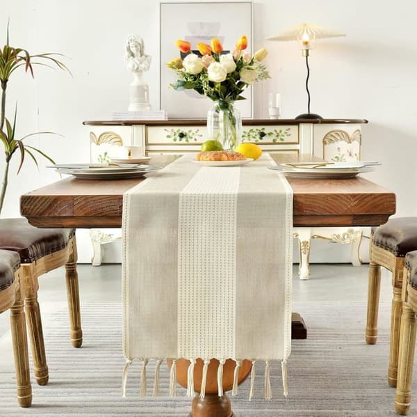 Let bordløber i bomuld og hør med håndlavede kvaster, macramé-bordløber til fester og (33 x 183 cm)
