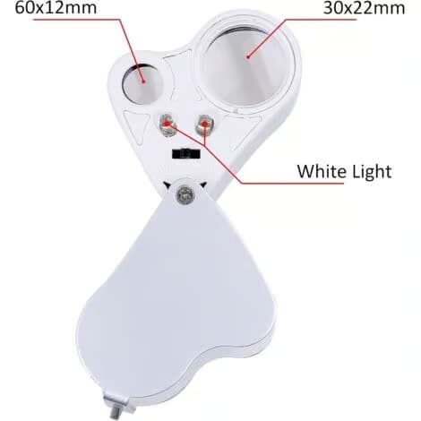 LED-belyst juvelerarlupp, dubbelfokusförstorare, 60X, 12MM och 30X, 22MM