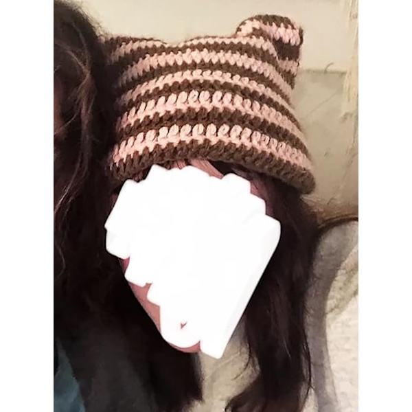 Damkatt Beanie Stickade Mössor med Öron Stickade Vinter Varma Elastiska Mössor Slouchy för Flickor Vuxna Barn Pink