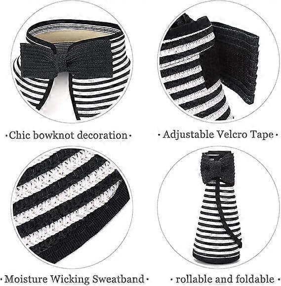 Store Strand Solhatte til Kvinder Foldbar Bredskyggede Hat til Damer Visir Kasket Spand med Sløjfe Black Stripe