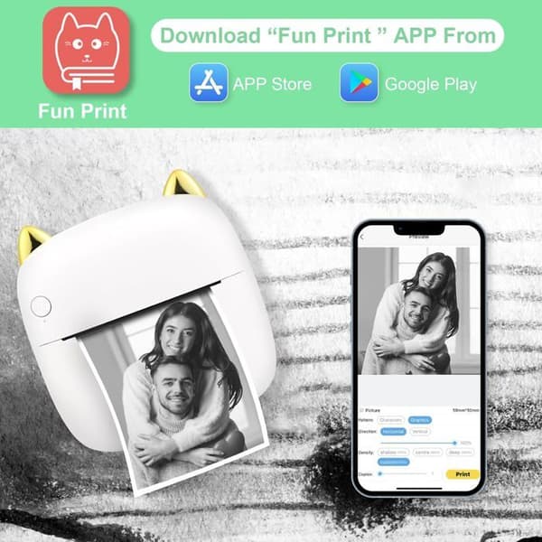 Bærbar fotoprinter, mini trådløs instant fotoprinter, trådløs termisk printer BT mobilprinter med LED