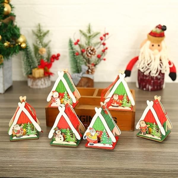 6 stk julelandsbyfigurer dekorasjonssett, opplyst LED julelysende trehus med figurer