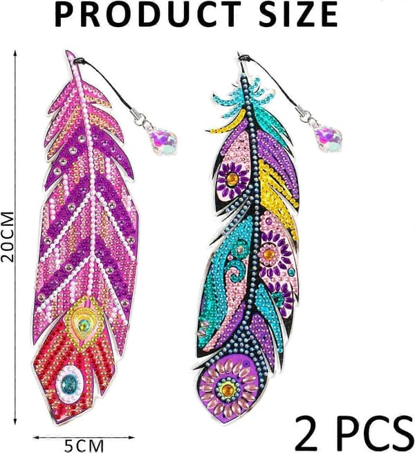 2 stk. diamantmaleri bogmærker, 5D fjerformede rhinestone bogmærker, krystal vedhæng maleri bogmærker