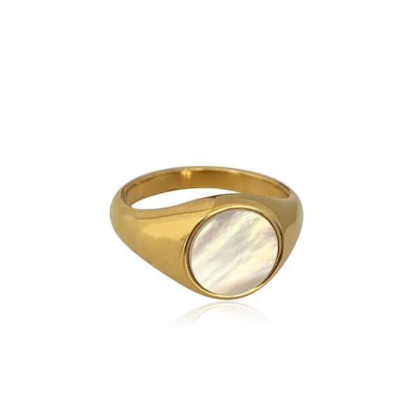 Dame 18K guldbelagt rustfrit stål perlemor rund ring, størrelser 6-10. 8