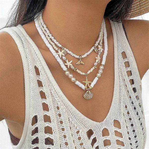 Multi-lags skalhalskæde sæt strand søstjerne perlehalskæde smykker til piger kvinder, der søger naturlig elegance 02 necklace gold