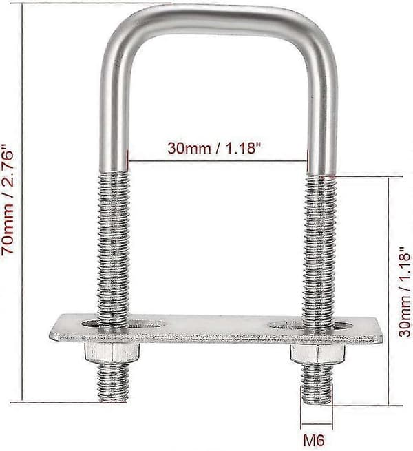Fyrkantiga U-bultar 1-1/4\" (30 mm) Innerbredd 304 Rostfritt Stål M6 med Muttrar Ramremmar 3 st