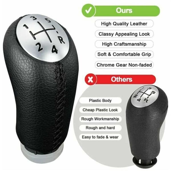 Sort læder gearknop til Renault Clio 3, Megane II, Laguna. Adapter inkluderet. Slidstærk mat krom finish.