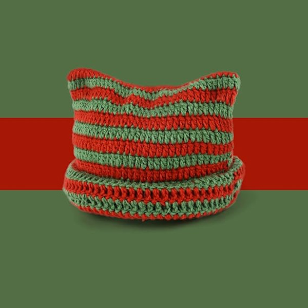 Damkatt Beanie Stickade Mössor med Öron Stickade Vinter Varma Elastiska Mössor Slouchy för Flickor Vuxna Barn Red+Green