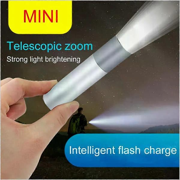 Mini-taskulamppu USB-ladattava LED-taskulamppu Vedenpitävä Teleskooppinen Tehokas Taskulamppu Ulkotyöhön Zoom Kannettava Taskulamppu Silvery A3