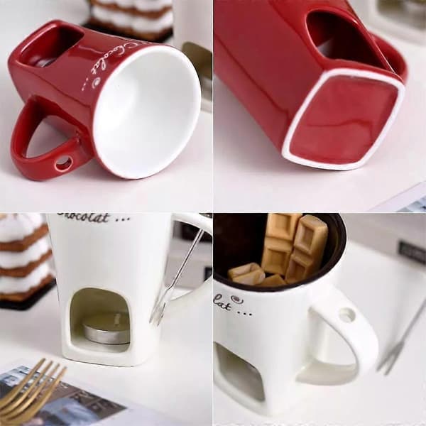 Chokladsmältningsmugg, Fonduekoppar, 130 ml Keramisk Ostmugg med Gaffel Red